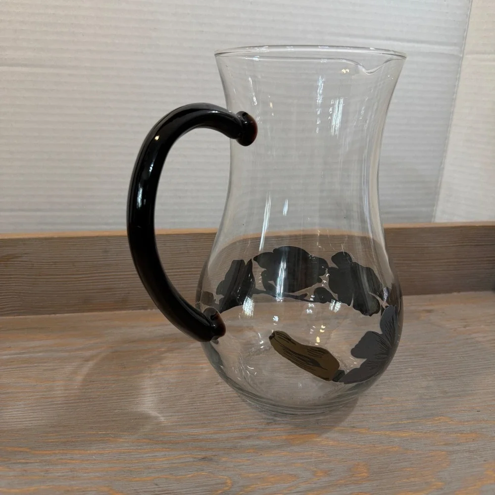 Vintage Arcoroc Hand Blown Glass Pitcher Black Handle Floral Charcoal Olive Gold